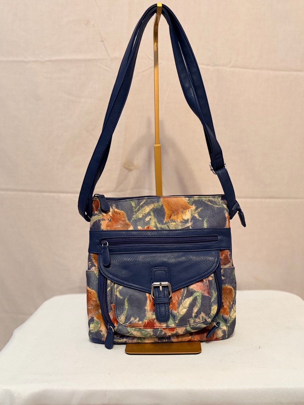 Floral Navy Crossbody Bag with Front Buckle Pocket